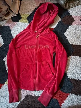 Vintage BeBe Hot Pink Rhinestone Logo Zip Velour Hoodie